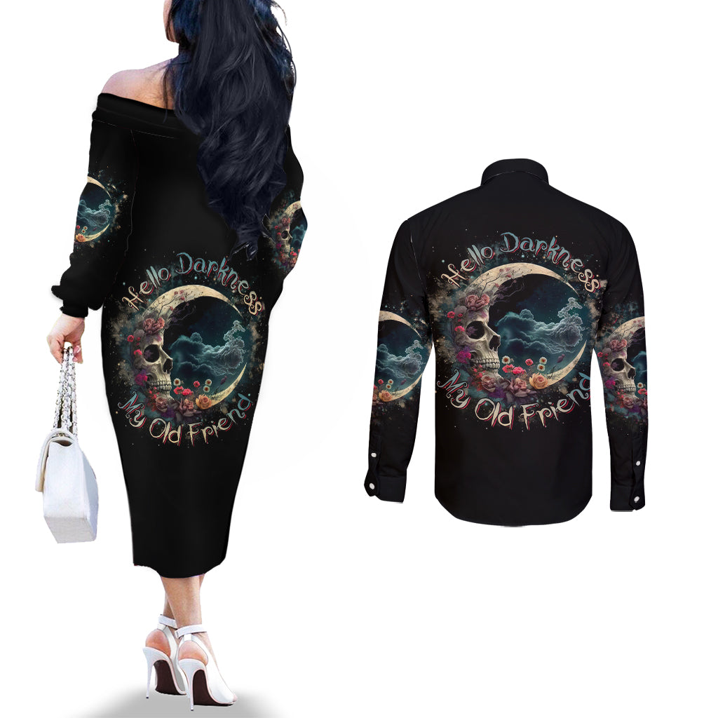 Moon Skull Couples Matching Off The Shoulder Long Sleeve Dress and Long Sleeve Button Shirts Hello Darkness My Old Friend Moon DT01