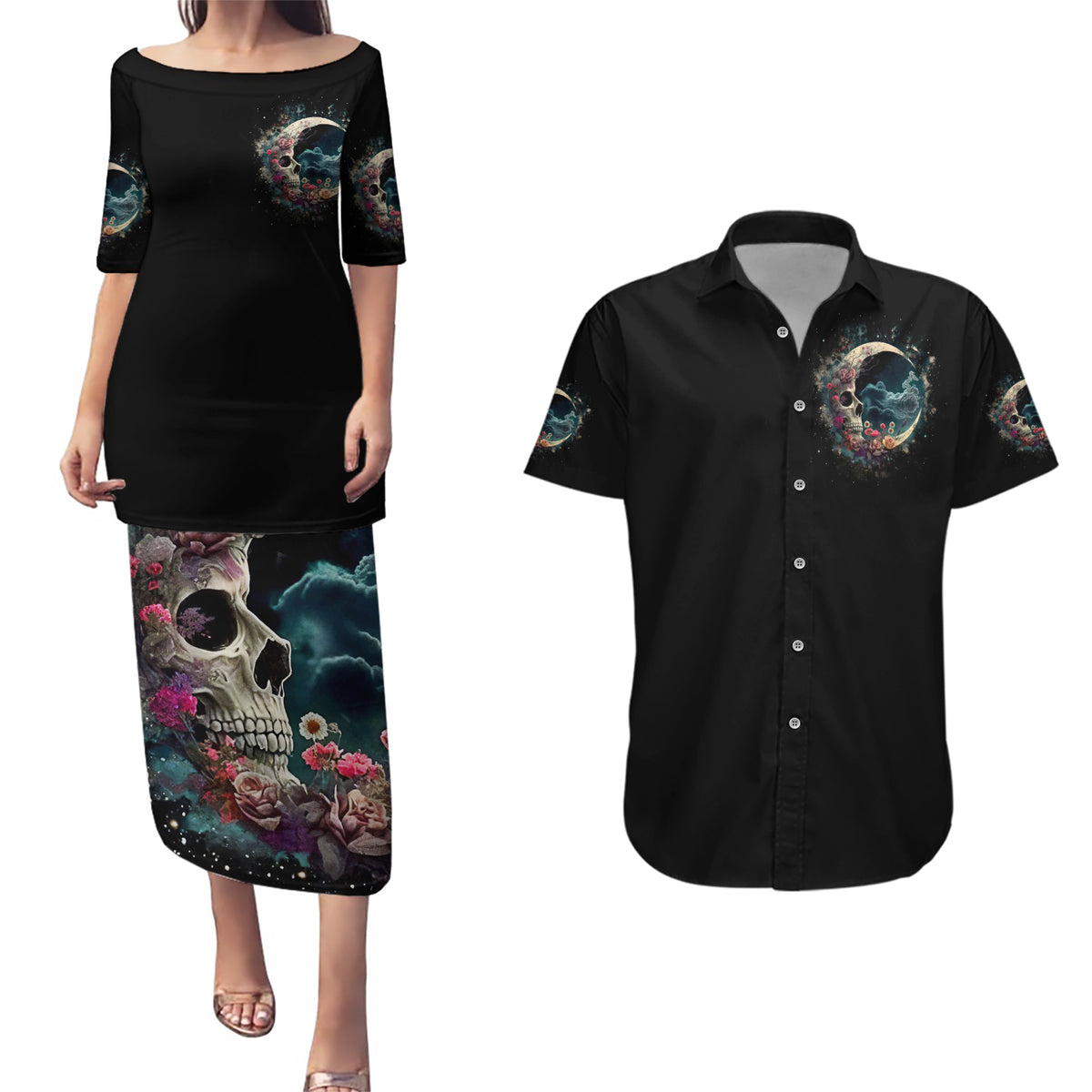 Moon Skull Couples Matching Puletasi Dress and Hawaiian Shirt Hello Darkness My Old Friend Moon - Wonder Print Shop
