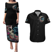 Moon Skull Couples Matching Puletasi Dress and Hawaiian Shirt Hello Darkness My Old Friend Moon - Wonder Print Shop