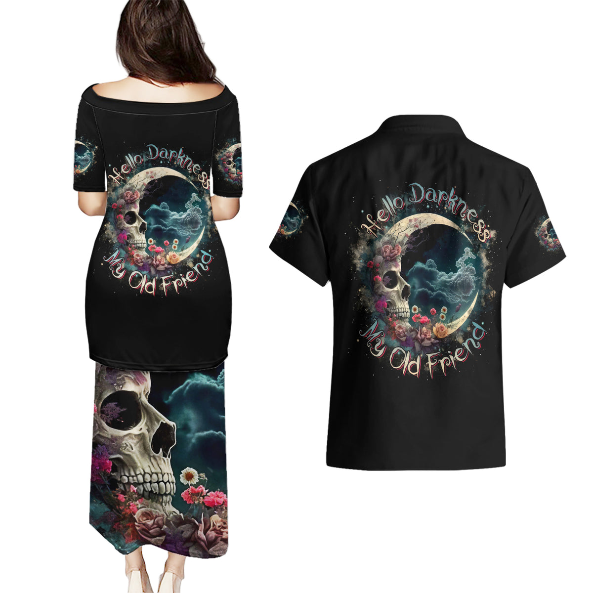 Moon Skull Couples Matching Puletasi Dress and Hawaiian Shirt Hello Darkness My Old Friend Moon - Wonder Print Shop