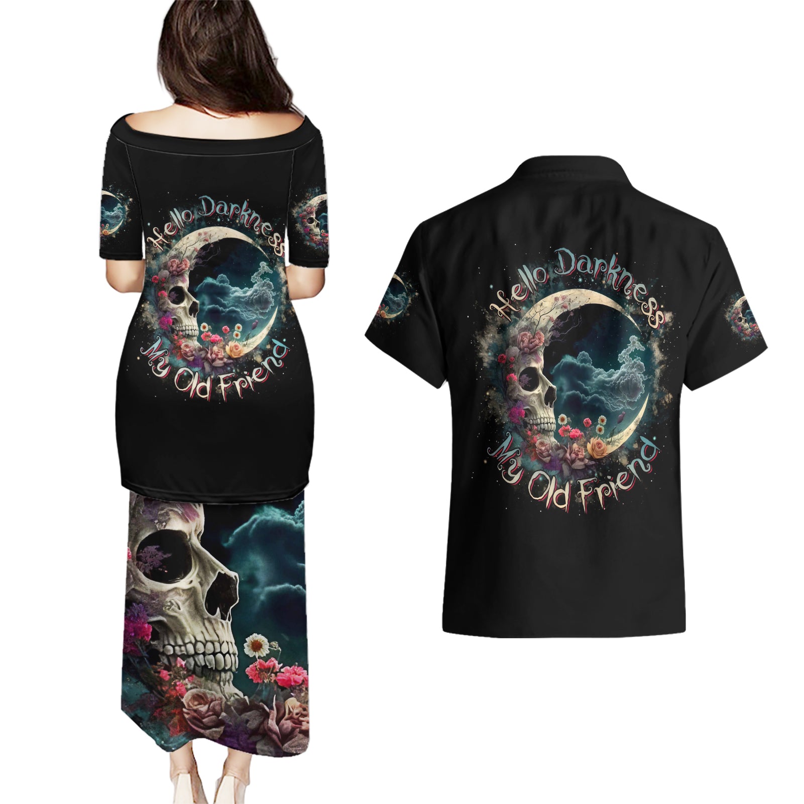Moon Skull Couples Matching Puletasi Dress and Hawaiian Shirt Hello Darkness My Old Friend Moon - Wonder Print Shop