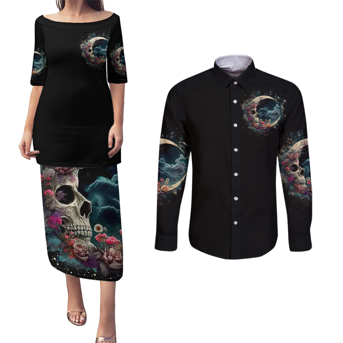 Moon Skull Couples Matching Puletasi Dress and Long Sleeve Button Shirts Hello Darkness My Old Friend Moon - Wonder Print Shop