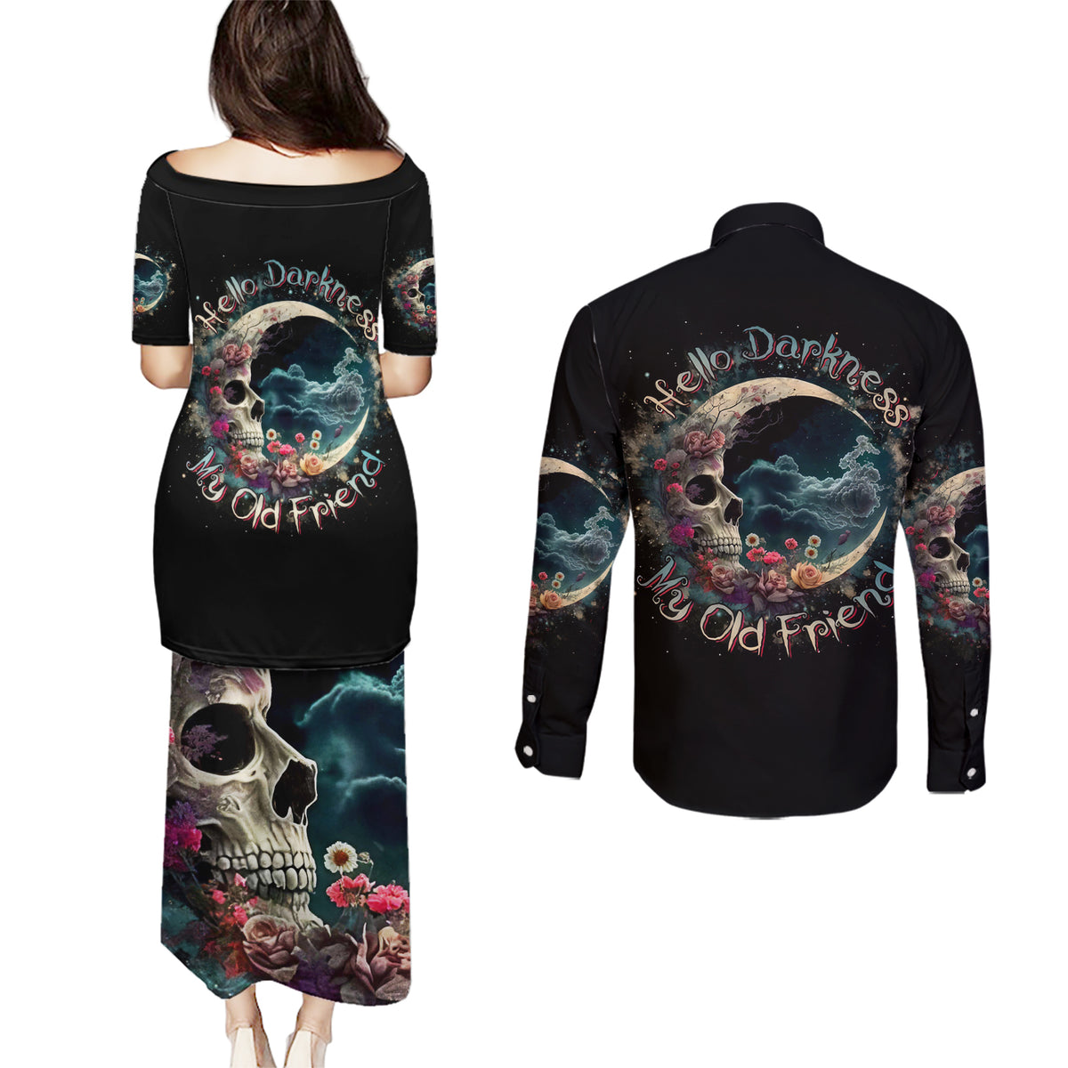 Moon Skull Couples Matching Puletasi Dress and Long Sleeve Button Shirts Hello Darkness My Old Friend Moon - Wonder Print Shop