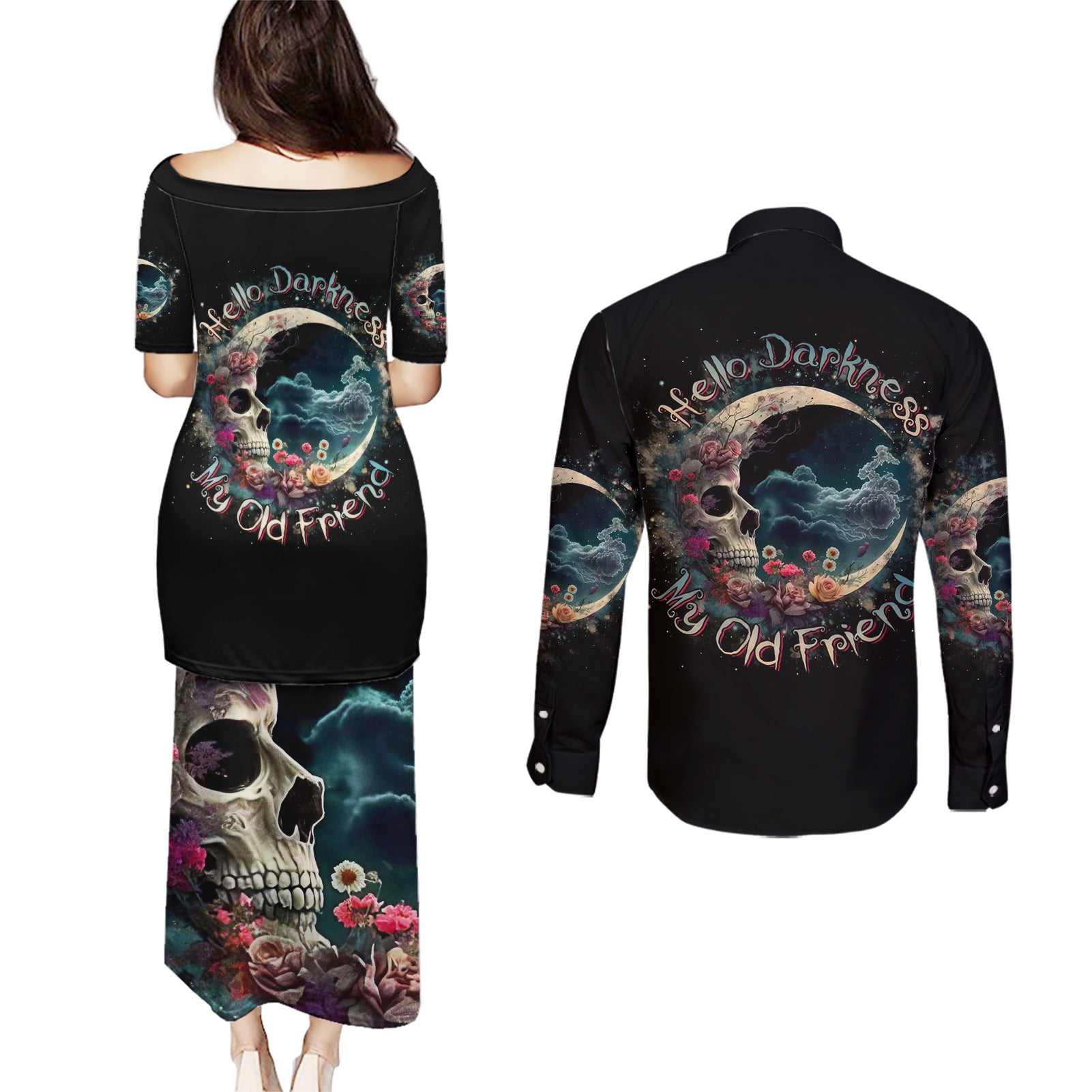 Moon Skull Couples Matching Puletasi Dress and Long Sleeve Button Shirts Hello Darkness My Old Friend Moon - Wonder Print Shop