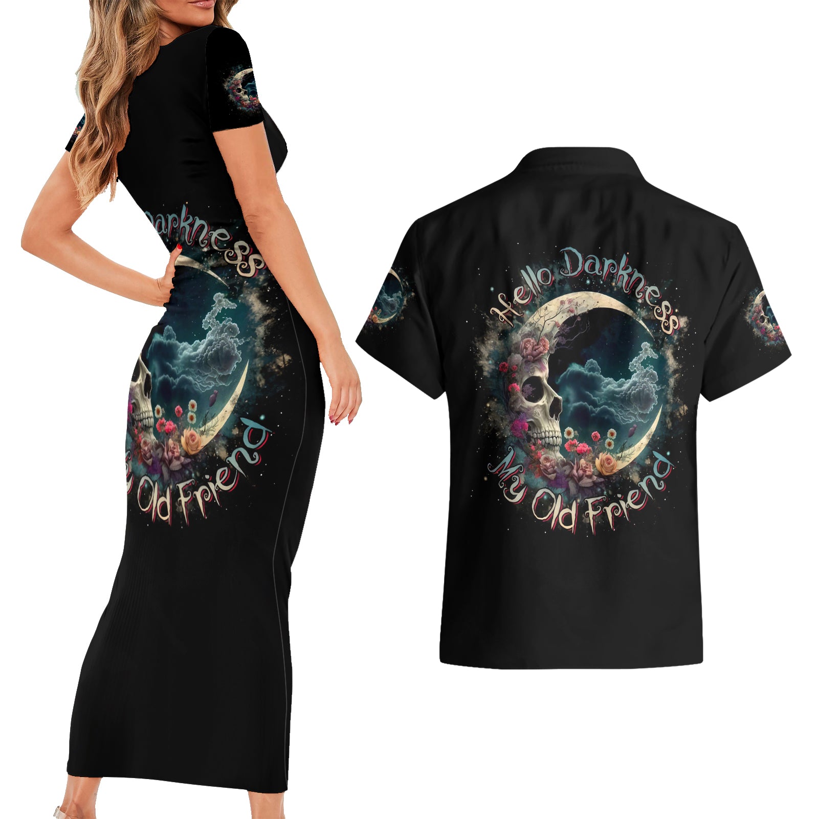 Moon Skull Couples Matching Short Sleeve Bodycon Dress and Hawaiian Shirt Hello Darkness My Old Friend Moon - Wonder Print Shop