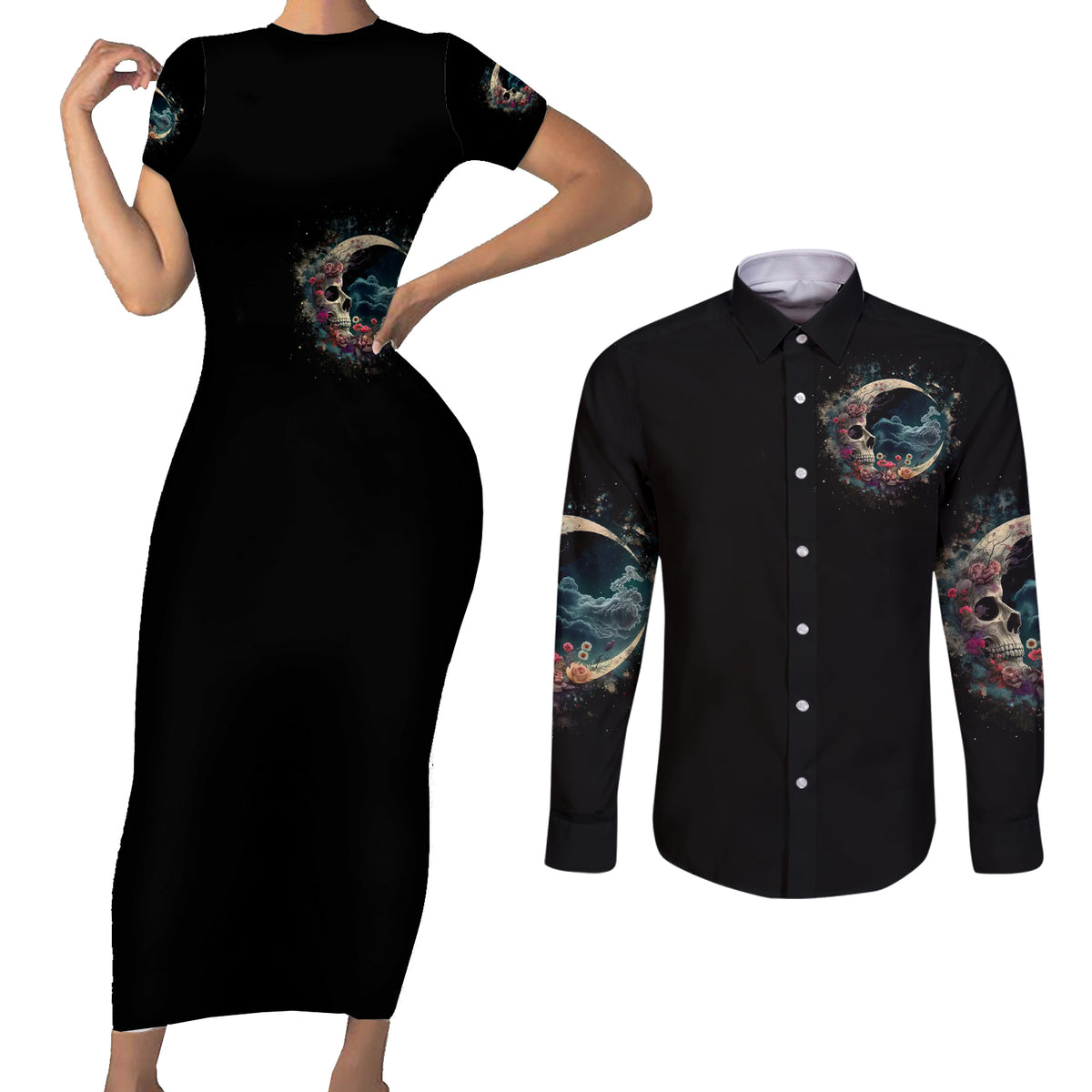Moon Skull Couples Matching Short Sleeve Bodycon Dress and Long Sleeve Button Shirts Hello Darkness My Old Friend Moon - Wonder Print Shop