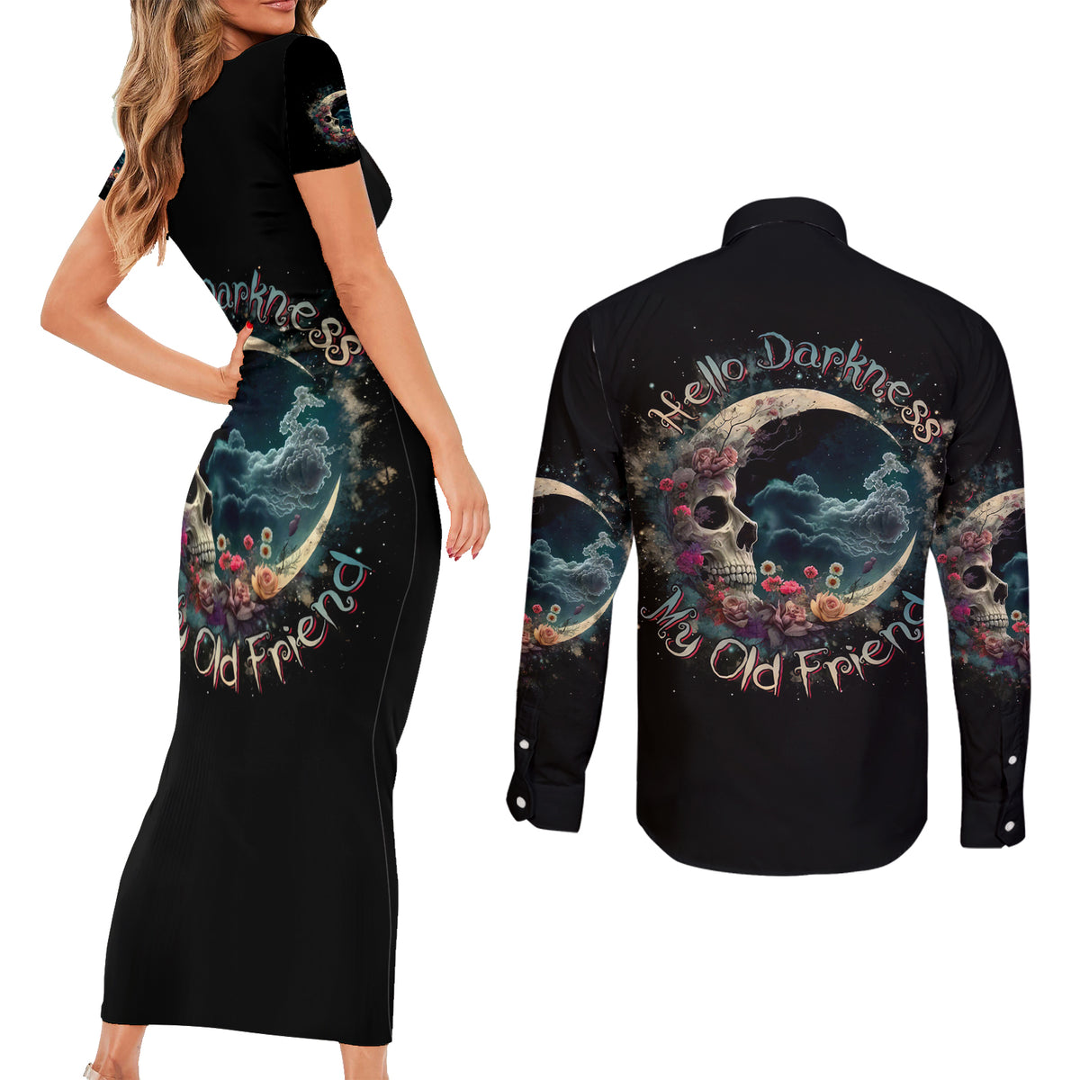 Moon Skull Couples Matching Short Sleeve Bodycon Dress and Long Sleeve Button Shirts Hello Darkness My Old Friend Moon - Wonder Print Shop