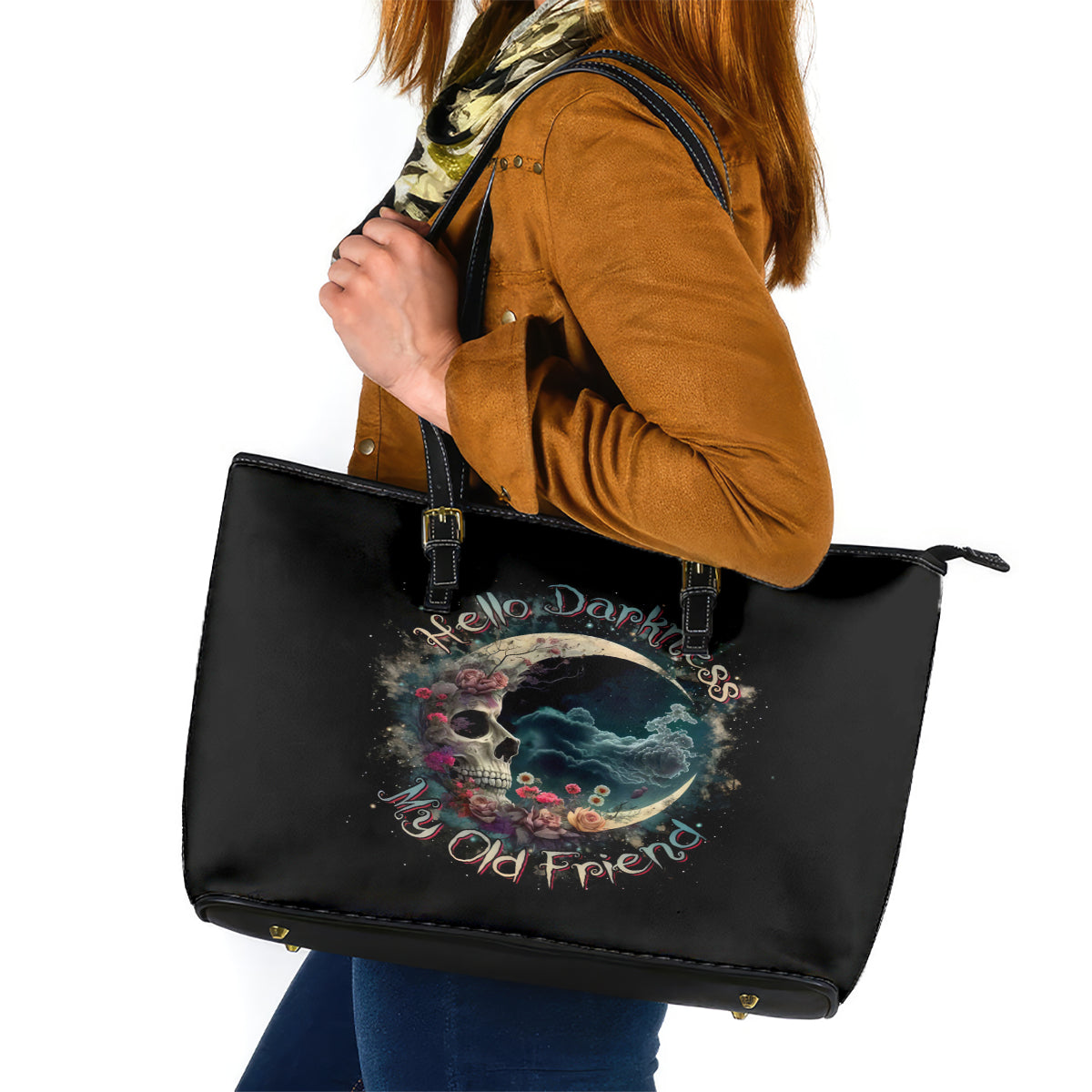 Moon Skull Leather Tote Bag Hello Darkness My Old Friend Moon - Wonder Print Shop
