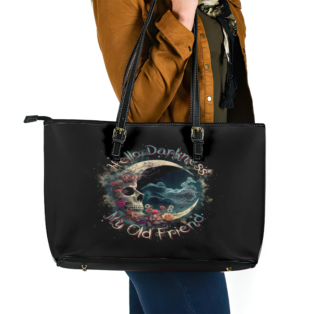 Moon Skull Leather Tote Bag Hello Darkness My Old Friend Moon - Wonder Print Shop