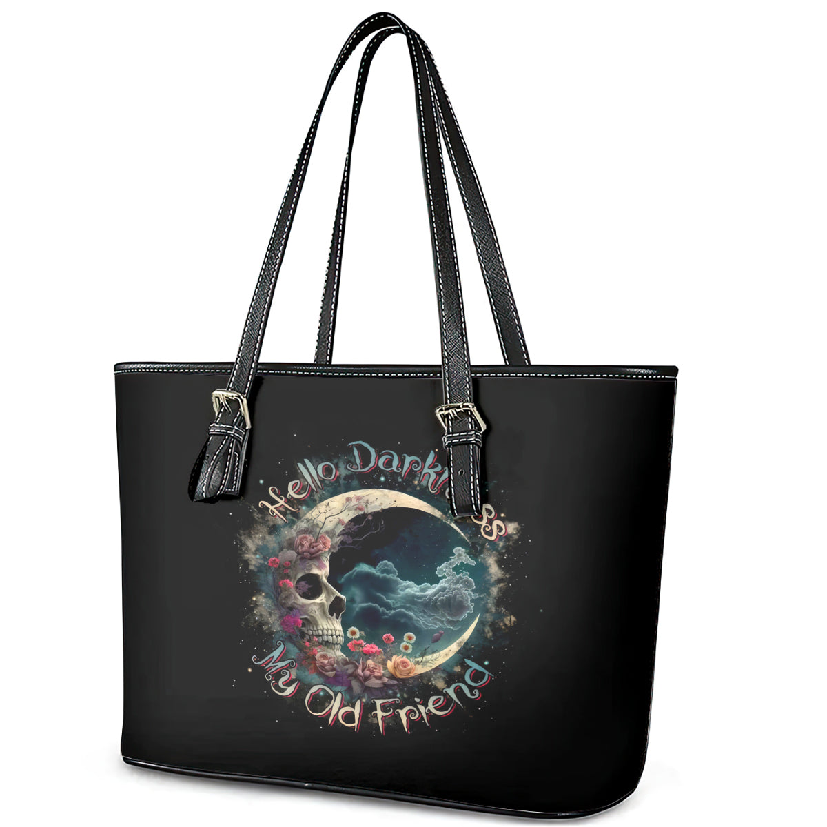 Moon Skull Leather Tote Bag Hello Darkness My Old Friend Moon - Wonder Print Shop