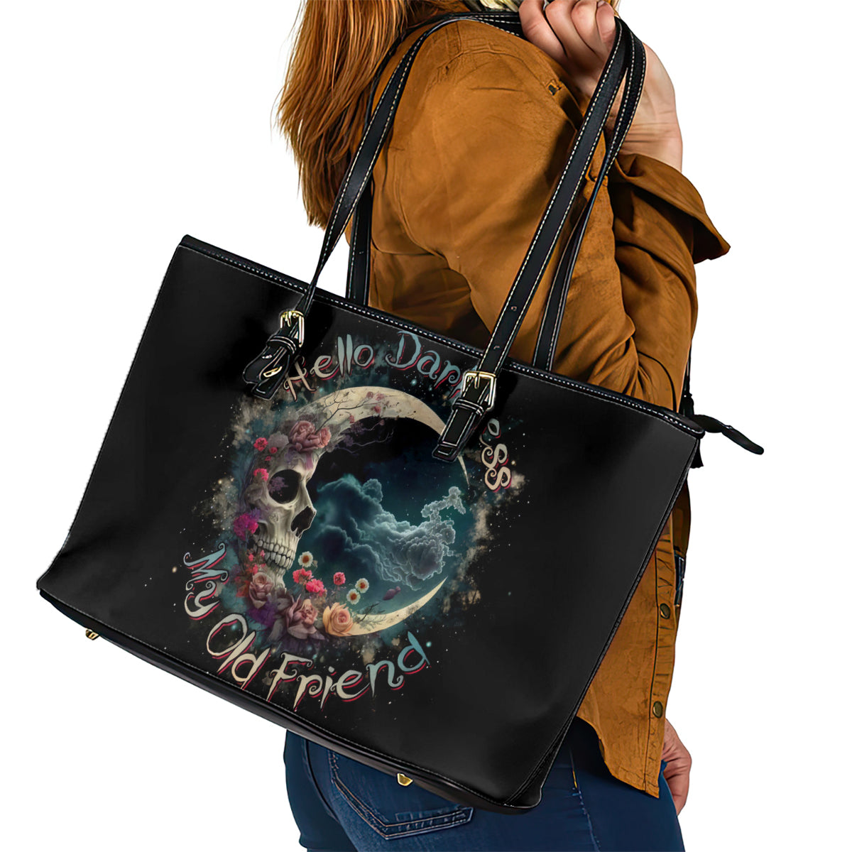 Moon Skull Leather Tote Bag Hello Darkness My Old Friend Moon - Wonder Print Shop
