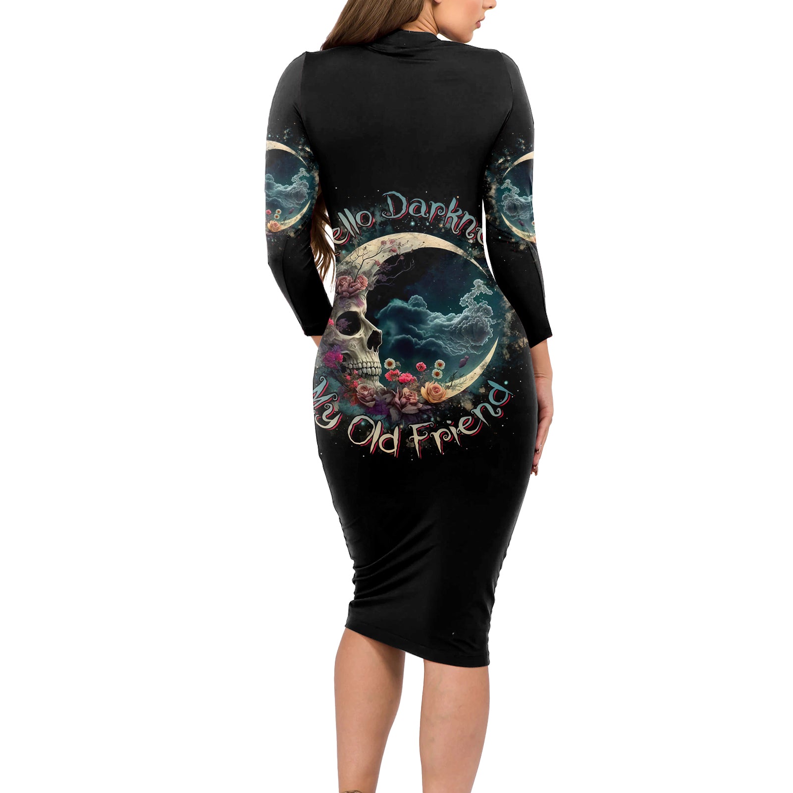 Moon Skull Long Sleeve Bodycon Dress Hello Darkness My Old Friend Moon - Wonder Print Shop