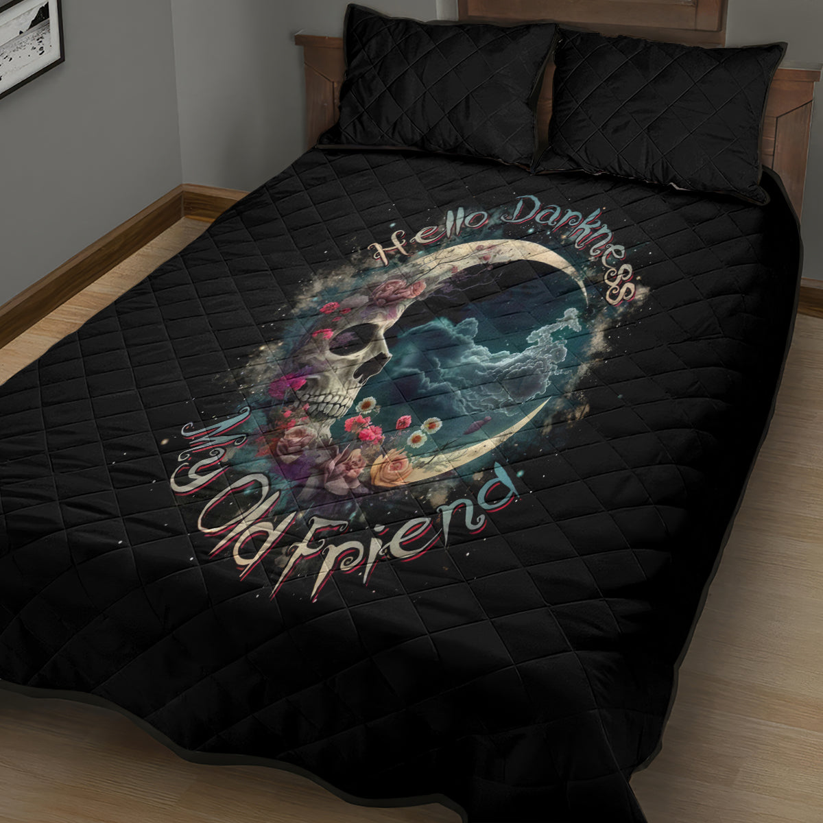 Moon Skull Quilt Bed Set Hello Darkness My Old Friend Moon - Wonder Print Shop