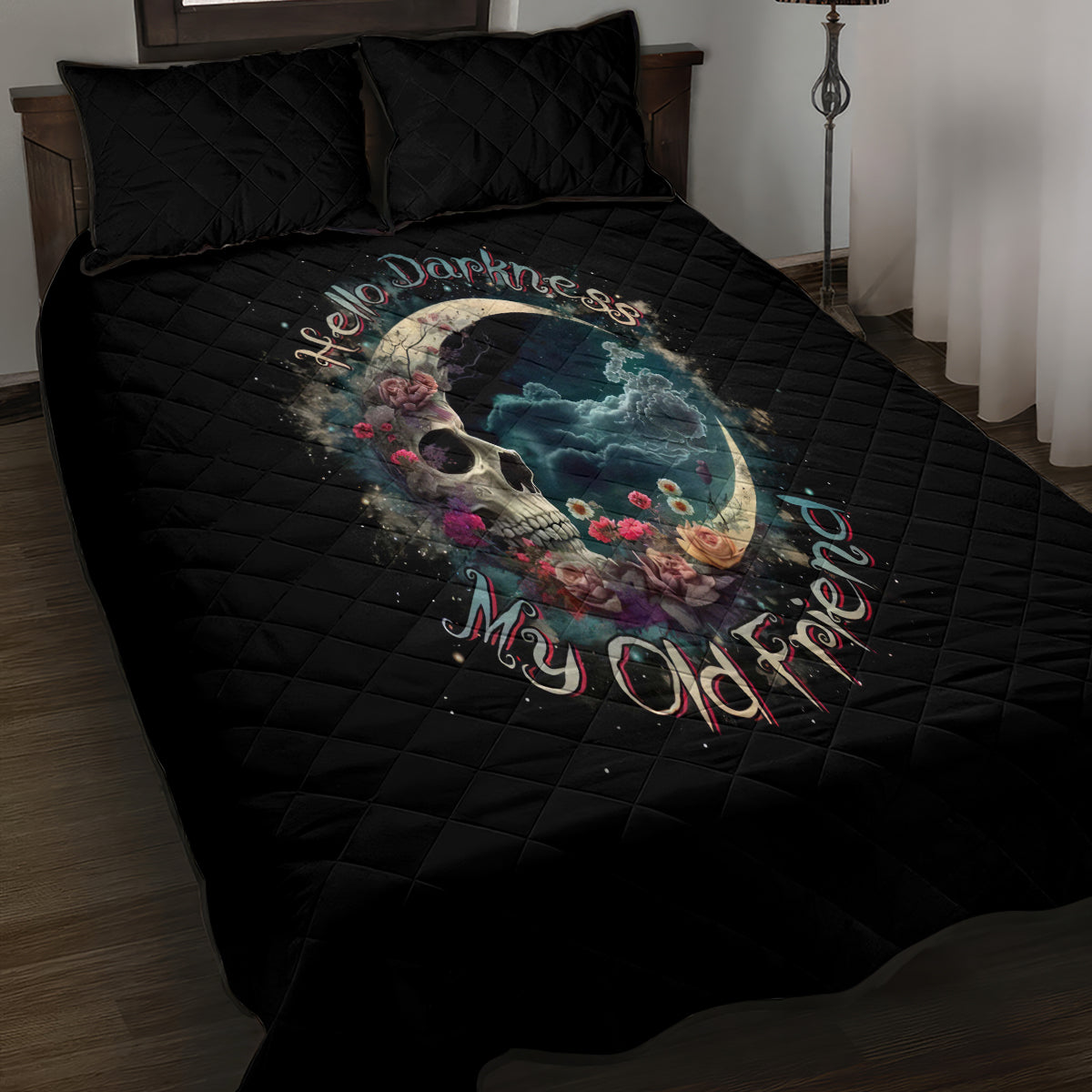 Moon Skull Quilt Bed Set Hello Darkness My Old Friend Moon - Wonder Print Shop