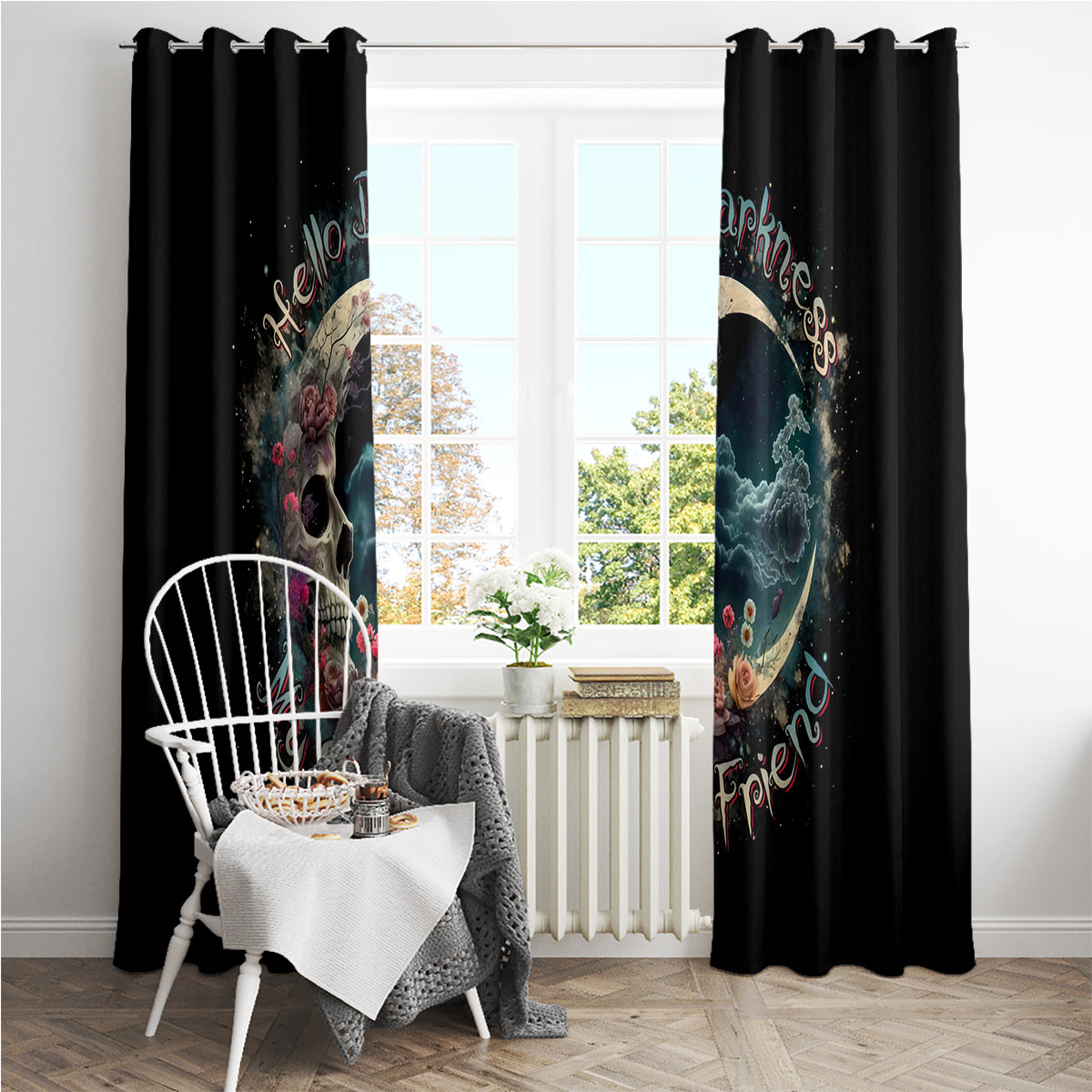 Moon Skull Window Curtain Hello Darkness My Old Friend Moon - Wonder Print Shop