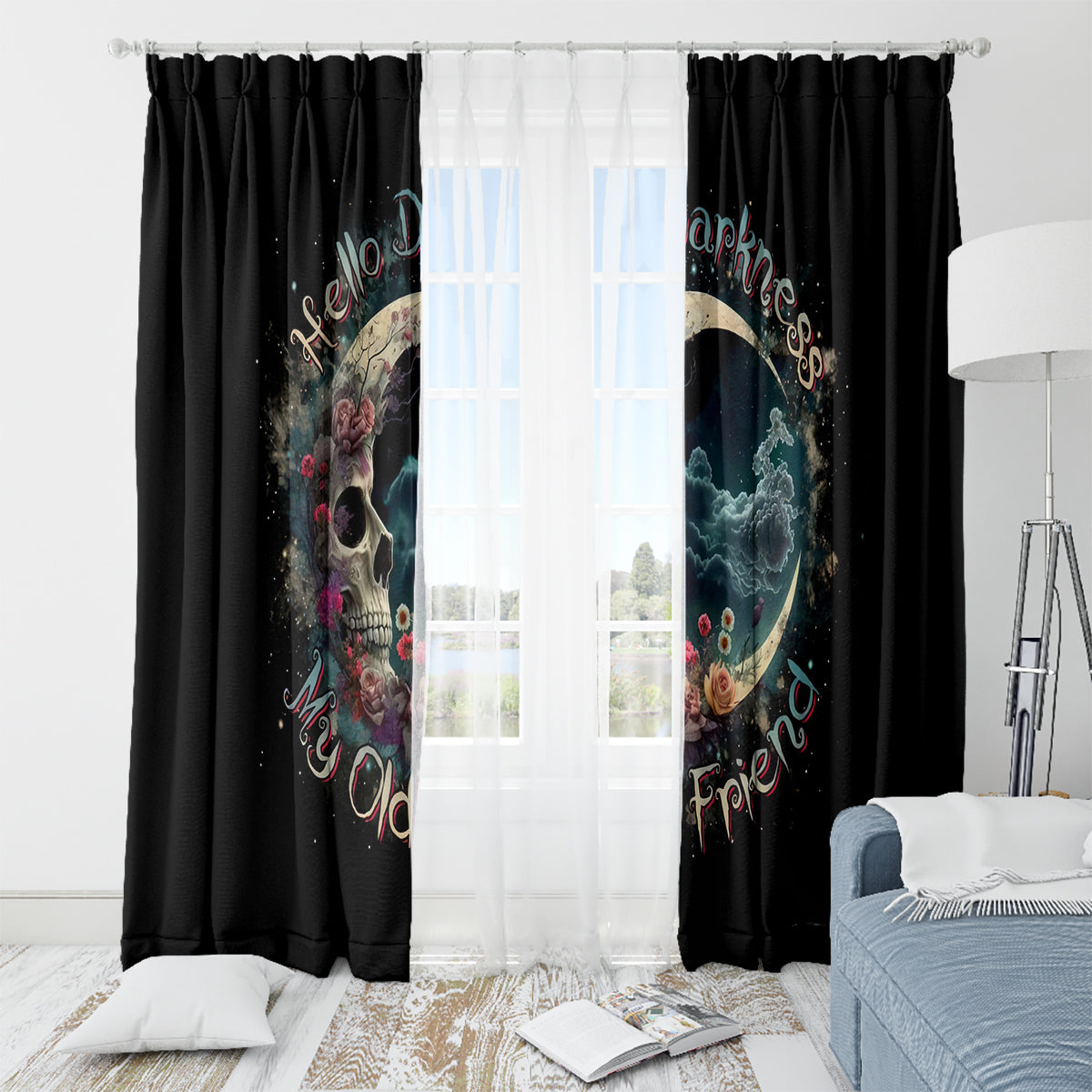 Moon Skull Window Curtain Hello Darkness My Old Friend Moon - Wonder Print Shop