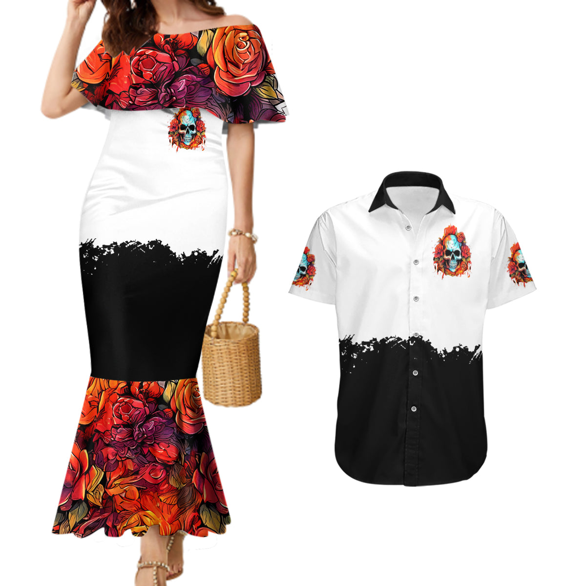 Flower Skull Couples Matching Mermaid Dress and Hawaiian Shirt Don't Try To Figured Me Out I Special Kind Fire Flower - Wonder Print Shop