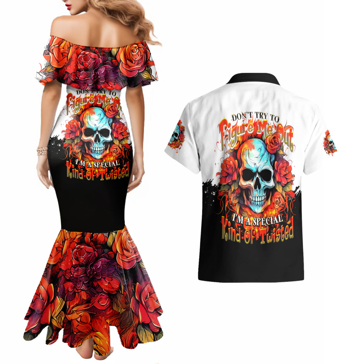 Flower Skull Couples Matching Mermaid Dress and Hawaiian Shirt Don't Try To Figured Me Out I Special Kind Fire Flower - Wonder Print Shop