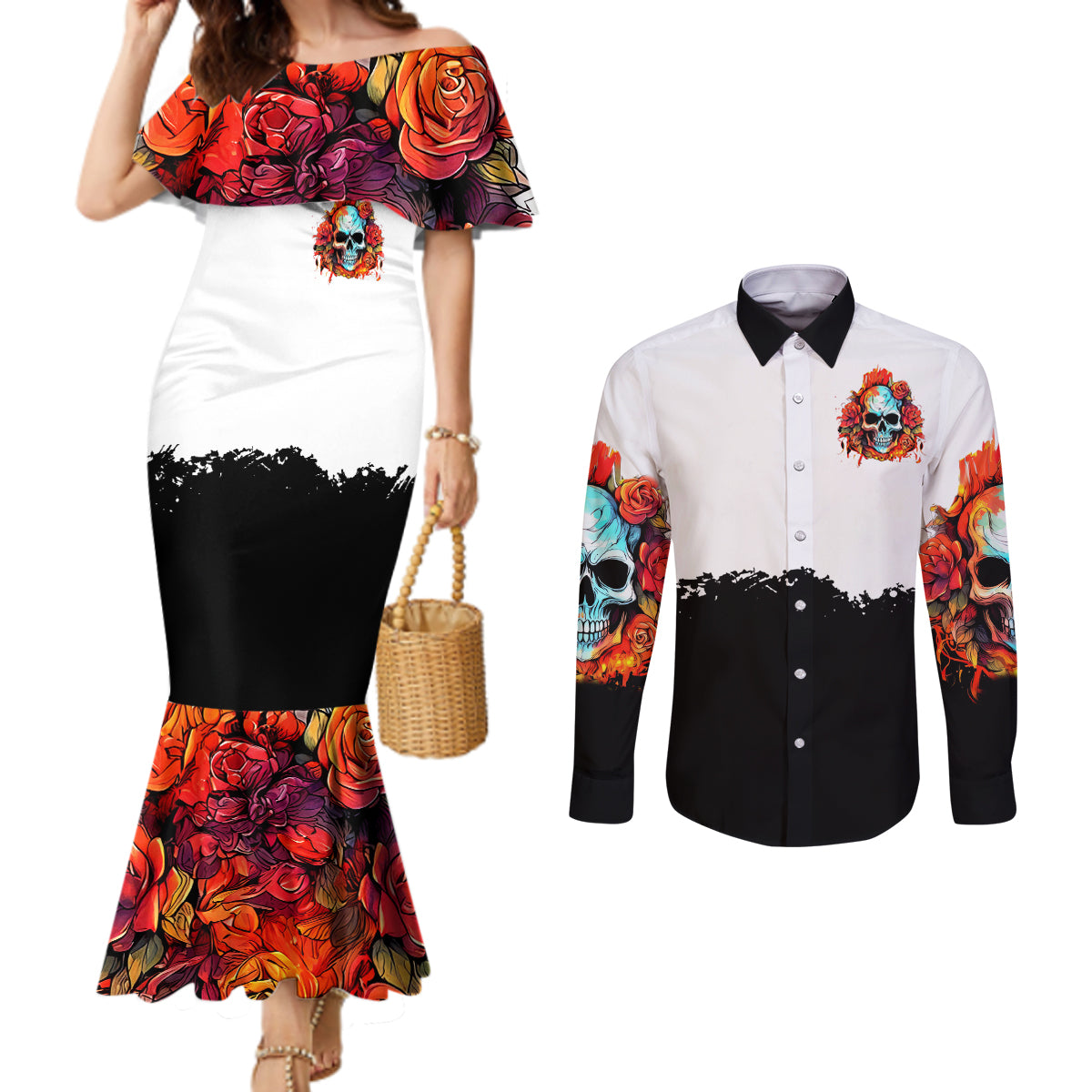 Flower Skull Couples Matching Mermaid Dress and Long Sleeve Button Shirts Don't Try To Figured Me Out I Special Kind Fire Flower DT01
