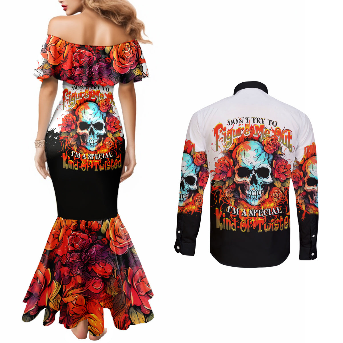 Flower Skull Couples Matching Mermaid Dress and Long Sleeve Button Shirts Don't Try To Figured Me Out I Special Kind Fire Flower DT01