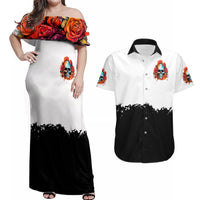 Flower Skull Couples Matching Off Shoulder Maxi Dress and Hawaiian Shirt Don't Try To Figured Me Out I Special Kind Fire Flower - Wonder Print Shop