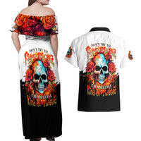 Flower Skull Couples Matching Off Shoulder Maxi Dress and Hawaiian Shirt Don't Try To Figured Me Out I Special Kind Fire Flower - Wonder Print Shop