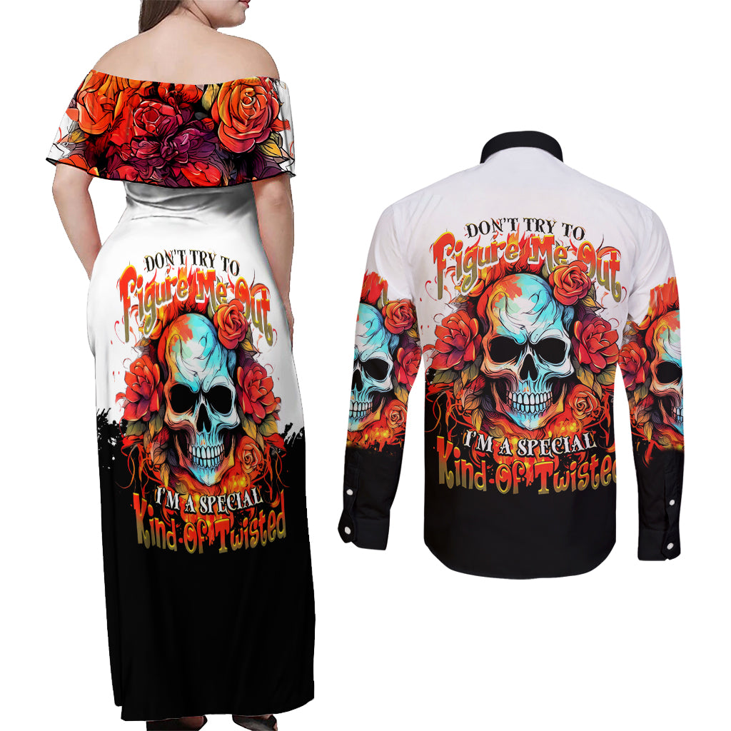 Flower Skull Couples Matching Off Shoulder Maxi Dress and Long Sleeve Button Shirts Don't Try To Figured Me Out I Special Kind Fire Flower - Wonder Print Shop