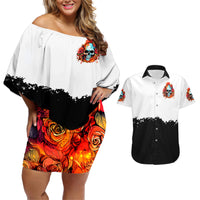 Flower Skull Couples Matching Off Shoulder Short Dress and Hawaiian Shirt Don't Try To Figured Me Out I Special Kind Fire Flower - Wonder Print Shop