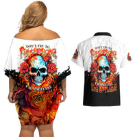 Flower Skull Couples Matching Off Shoulder Short Dress and Hawaiian Shirt Don't Try To Figured Me Out I Special Kind Fire Flower - Wonder Print Shop