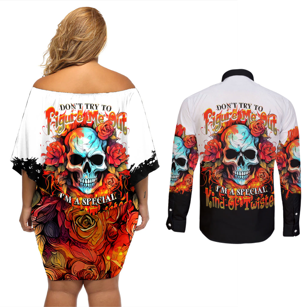Flower Skull Couples Matching Off Shoulder Short Dress and Long Sleeve Button Shirts Don't Try To Figured Me Out I Special Kind Fire Flower - Wonder Print Shop