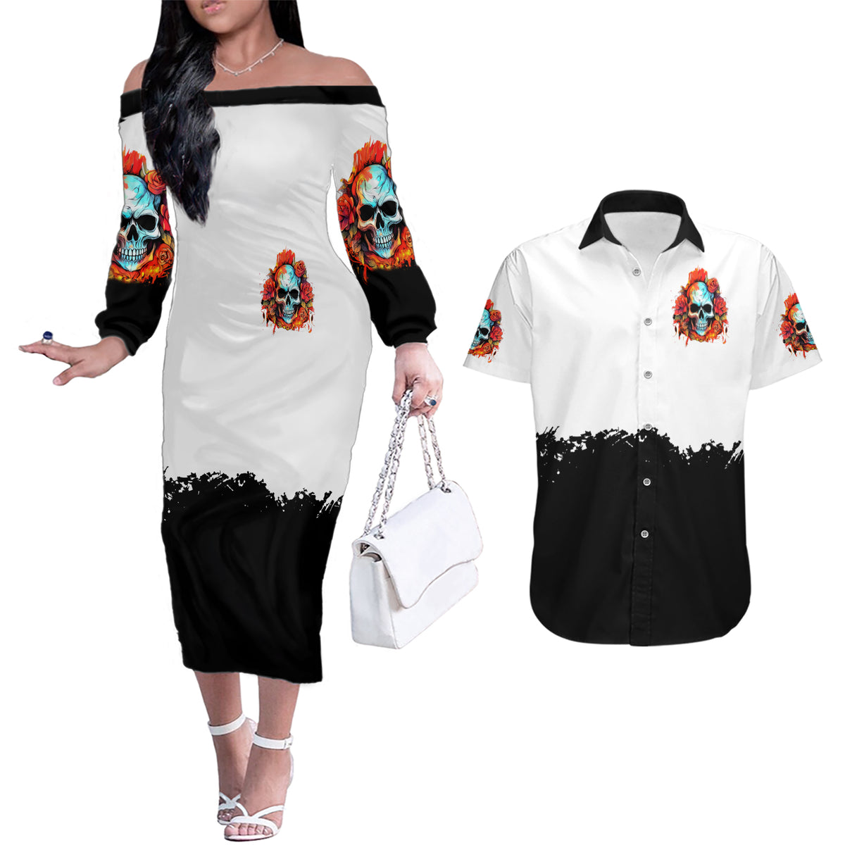 Flower Skull Couples Matching Off The Shoulder Long Sleeve Dress and Hawaiian Shirt Don't Try To Figured Me Out I Special Kind Fire Flower - Wonder Print Shop
