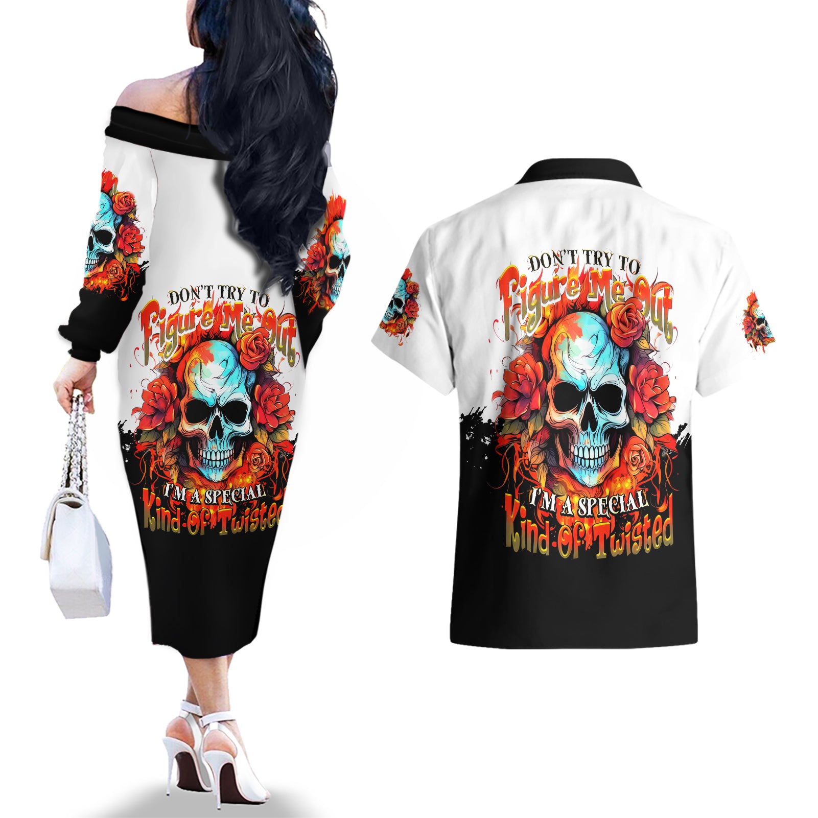 Flower Skull Couples Matching Off The Shoulder Long Sleeve Dress and Hawaiian Shirt Don't Try To Figured Me Out I Special Kind Fire Flower - Wonder Print Shop