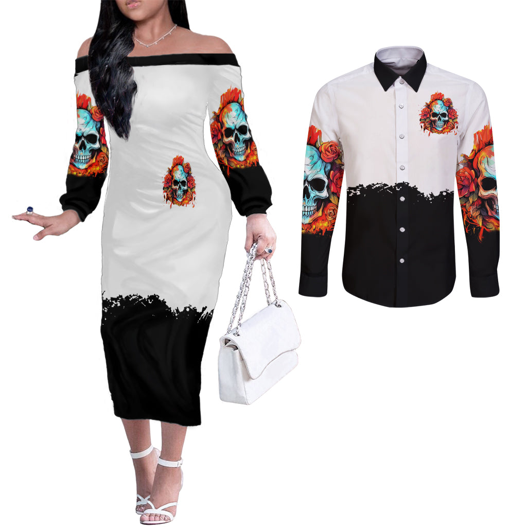 Flower Skull Couples Matching Off The Shoulder Long Sleeve Dress and Long Sleeve Button Shirts Don't Try To Figured Me Out I Special Kind Fire Flower DT01