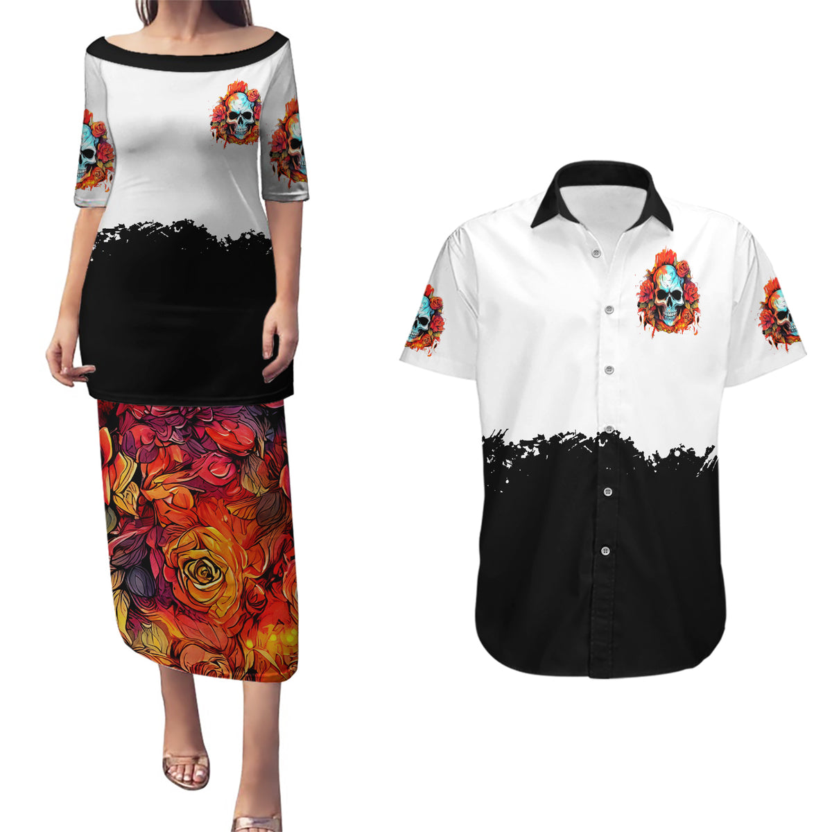 Flower Skull Couples Matching Puletasi Dress and Hawaiian Shirt Don't Try To Figured Me Out I Special Kind Fire Flower - Wonder Print Shop