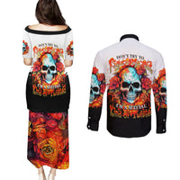 Flower Skull Couples Matching Puletasi Dress and Long Sleeve Button Shirts Don't Try To Figured Me Out I Special Kind Fire Flower - Wonder Print Shop