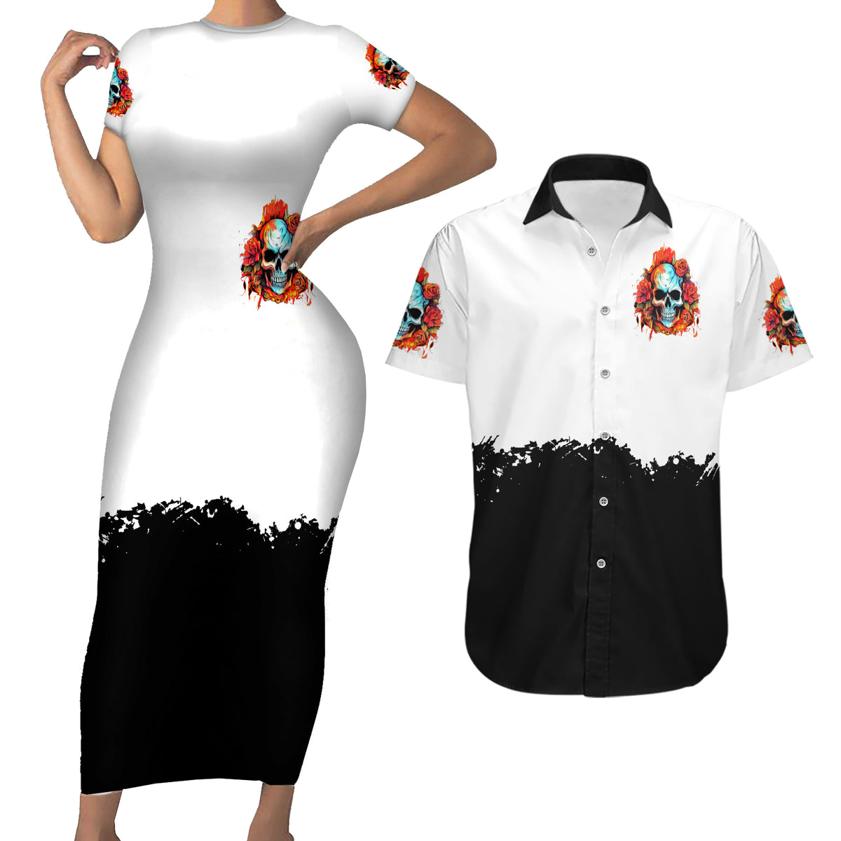 Flower Skull Couples Matching Short Sleeve Bodycon Dress and Hawaiian Shirt Don't Try To Figured Me Out I Special Kind Fire Flower - Wonder Print Shop