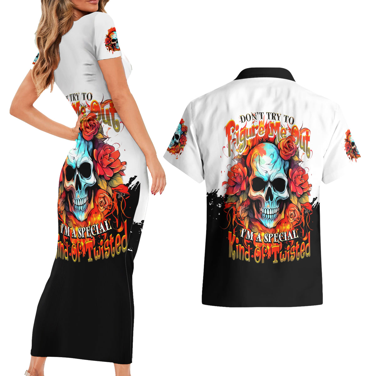 Flower Skull Couples Matching Short Sleeve Bodycon Dress and Hawaiian Shirt Don't Try To Figured Me Out I Special Kind Fire Flower - Wonder Print Shop