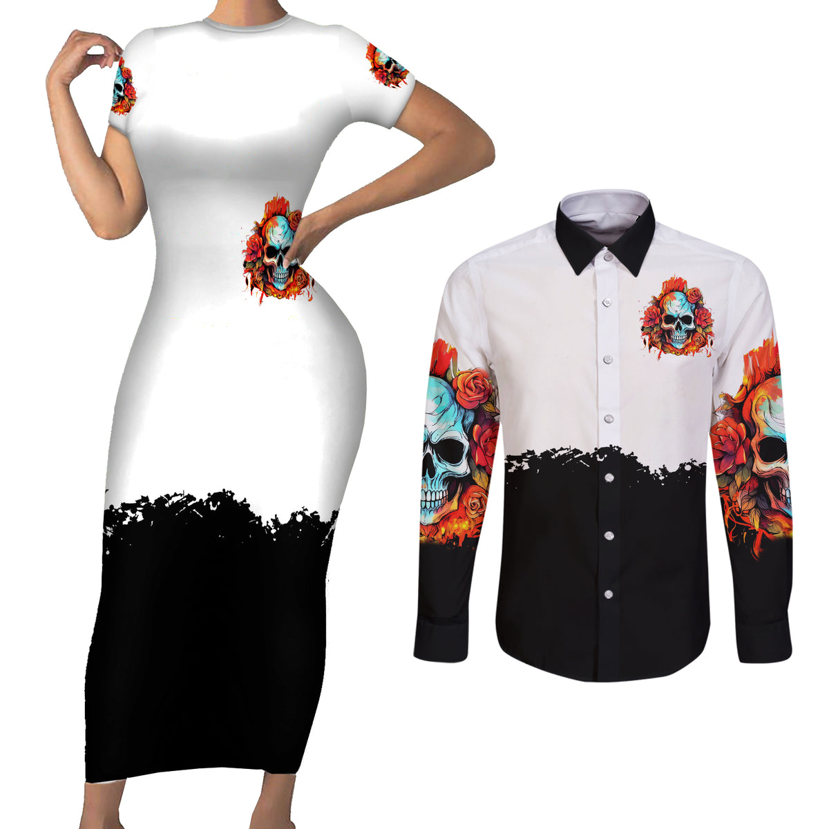 Flower Skull Couples Matching Short Sleeve Bodycon Dress and Long Sleeve Button Shirts Don't Try To Figured Me Out I Special Kind Fire Flower - Wonder Print Shop