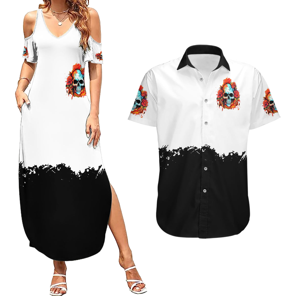 Flower Skull Couples Matching Summer Maxi Dress and Hawaiian Shirt Don't Try To Figured Me Out I Special Kind Fire Flower - Wonder Print Shop
