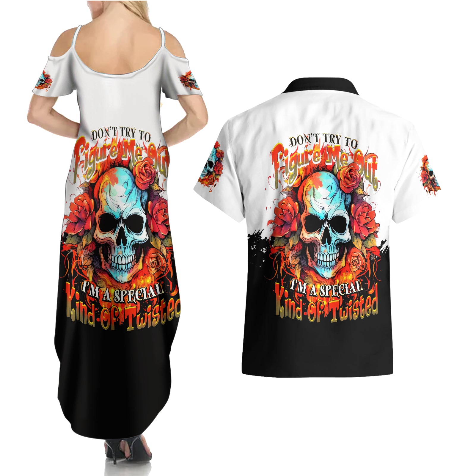Flower Skull Couples Matching Summer Maxi Dress and Hawaiian Shirt Don't Try To Figured Me Out I Special Kind Fire Flower - Wonder Print Shop
