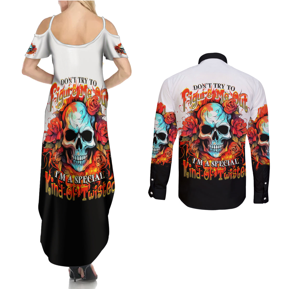 Flower Skull Couples Matching Summer Maxi Dress and Long Sleeve Button Shirts Don't Try To Figured Me Out I Special Kind Fire Flower - Wonder Print Shop