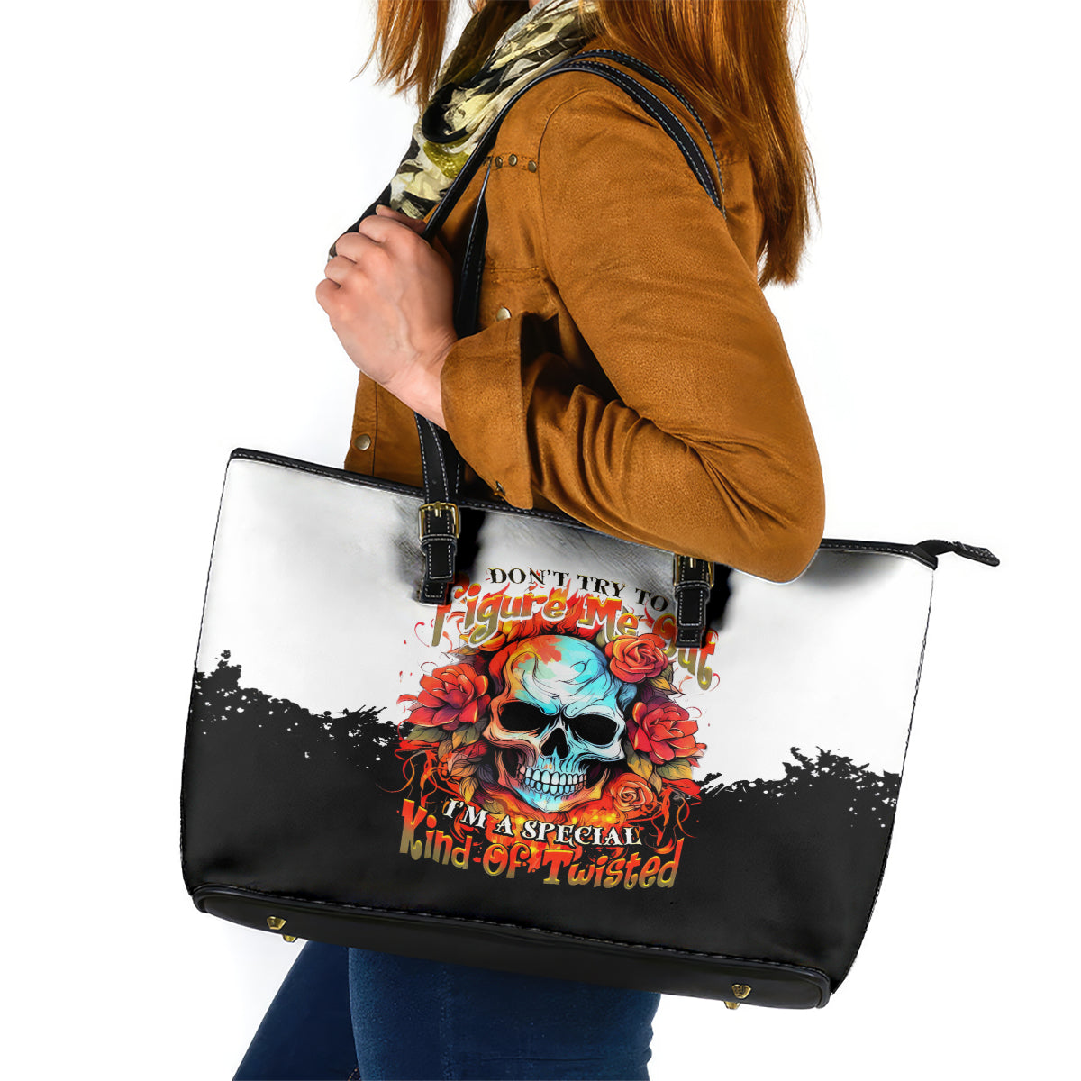 Flower Skull Leather Tote Bag Don't Try To Figured Me Out I Special Kind Fire Flower - Wonder Print Shop