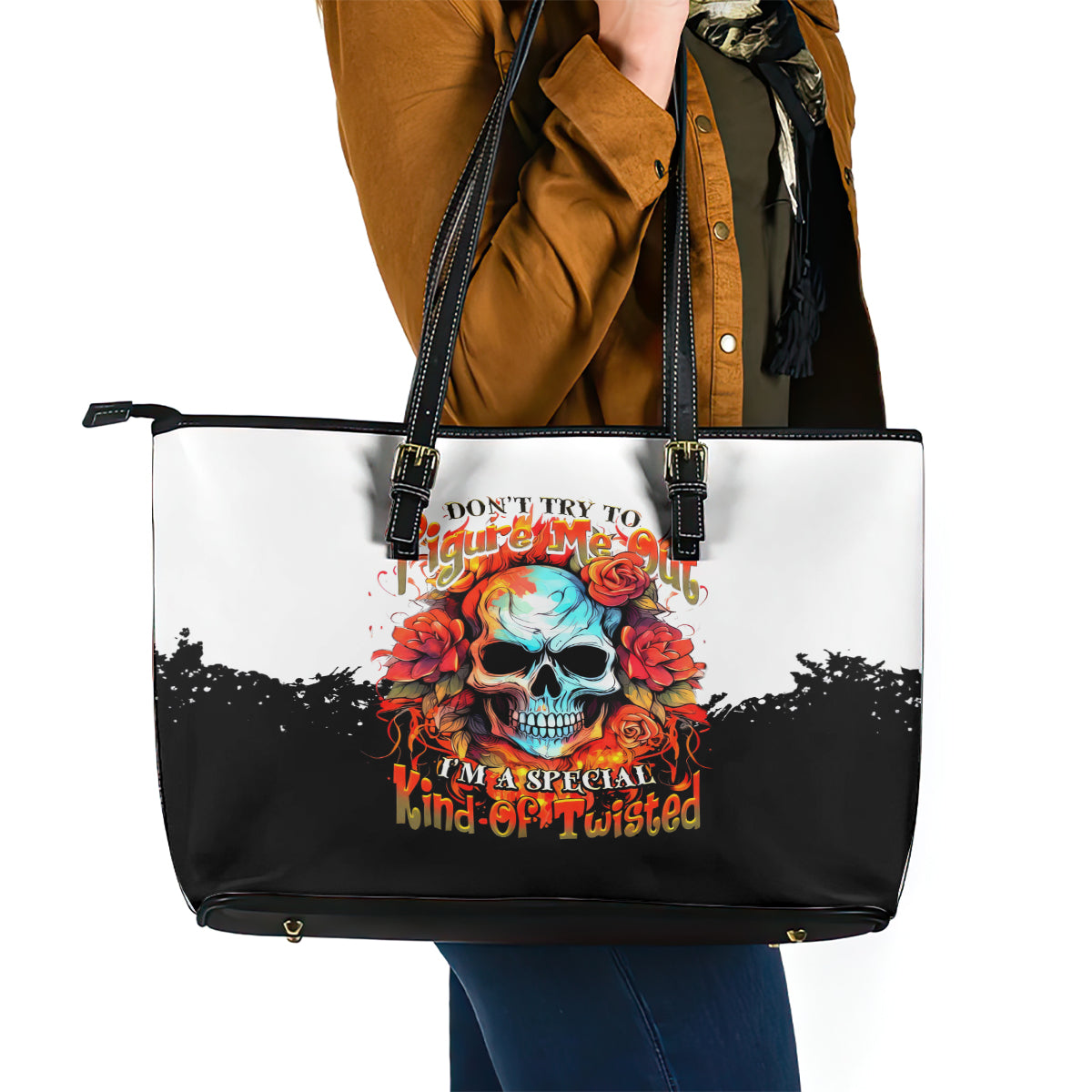 Flower Skull Leather Tote Bag Don't Try To Figured Me Out I Special Kind Fire Flower - Wonder Print Shop