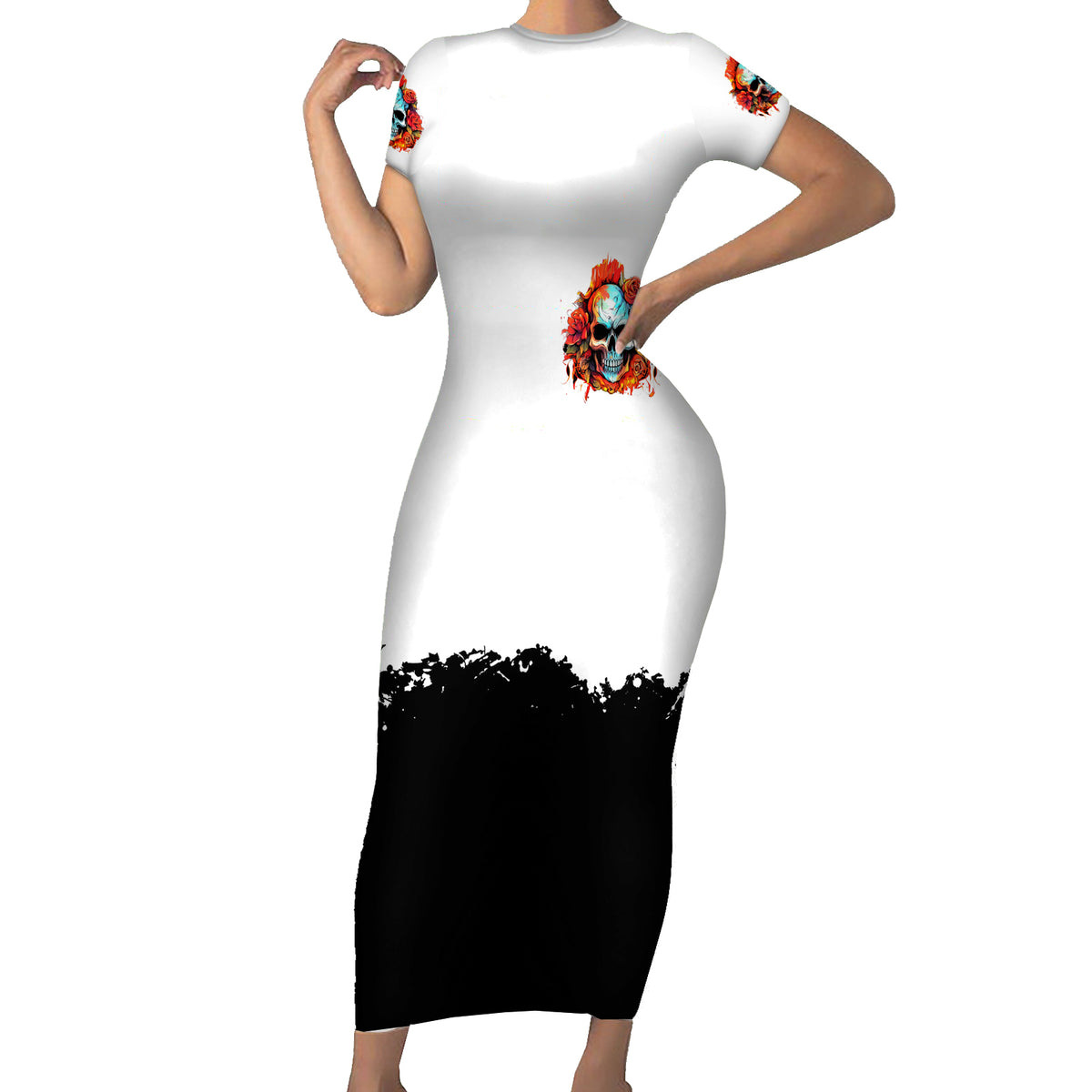 Death Skull Short Sleeve Bodycon Dress I Never Alone My Demon With Me 24/7 - Wonder Print Shop