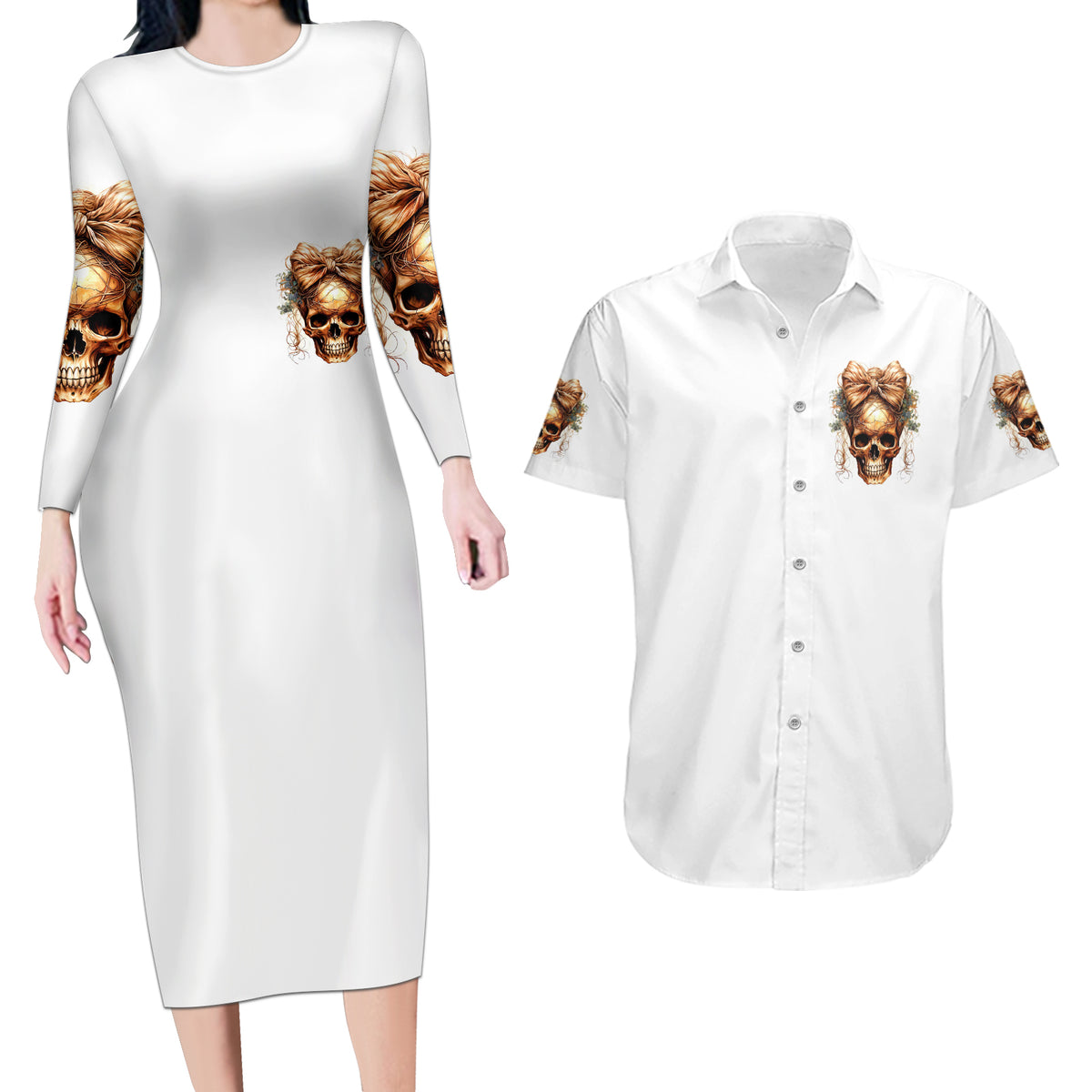 Girl Skull Couples Matching Long Sleeve Bodycon Dress and Hawaiian Shirt I Sweet Girl Full Of Crazy - Wonder Print Shop