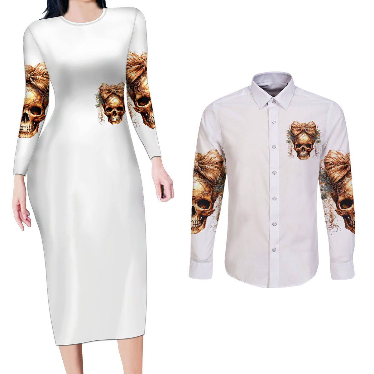 Girl Skull Couples Matching Long Sleeve Bodycon Dress and Long Sleeve Button Shirts I Sweet Girl Full Of Crazy - Wonder Print Shop