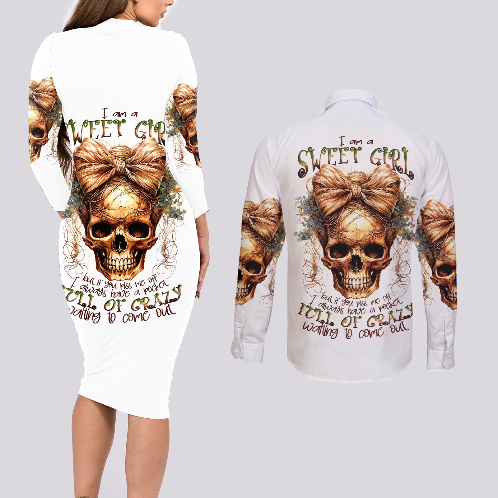 Girl Skull Couples Matching Long Sleeve Bodycon Dress and Long Sleeve Button Shirts I Sweet Girl Full Of Crazy - Wonder Print Shop