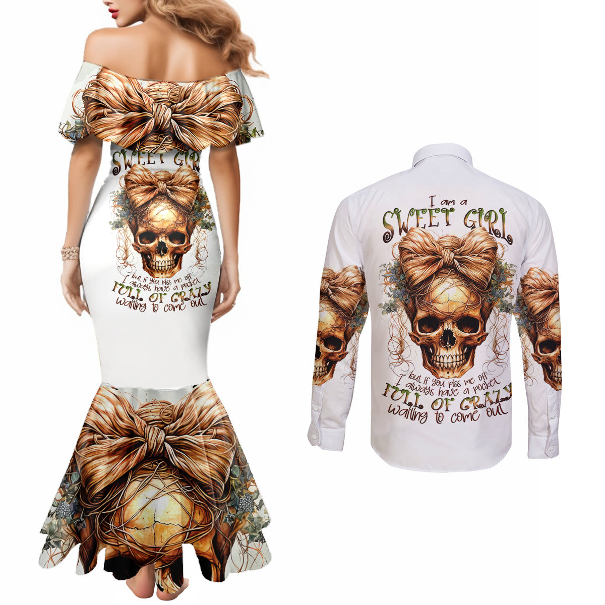 Girl Skull Couples Matching Mermaid Dress and Long Sleeve Button Shirts I Sweet Girl Full Of Crazy DT01