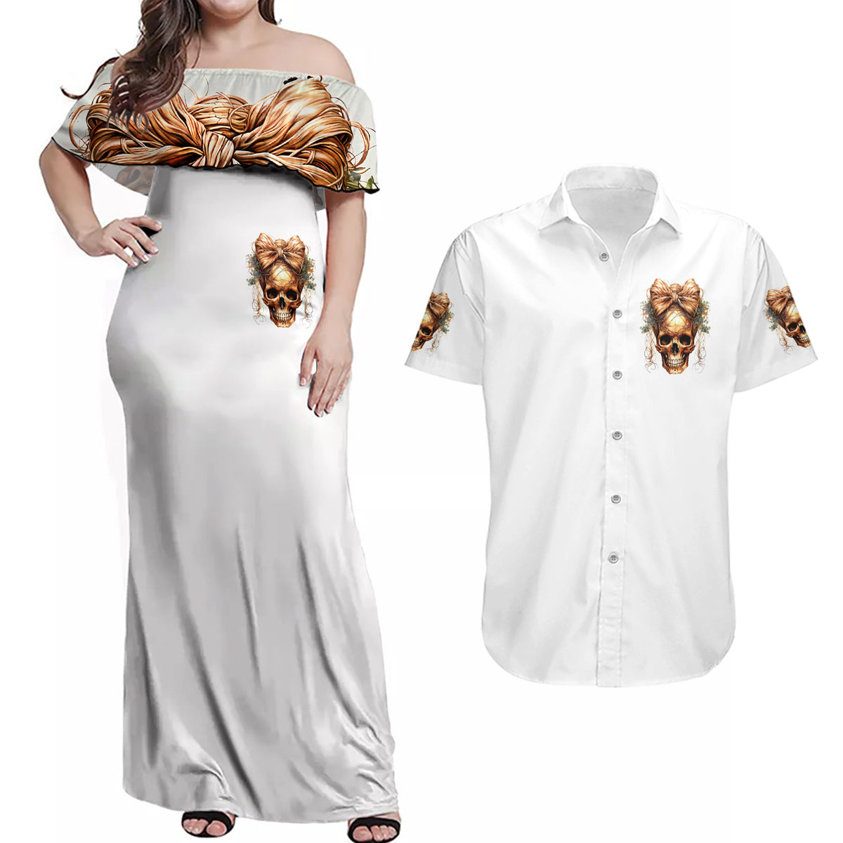 Girl Skull Couples Matching Off Shoulder Maxi Dress and Hawaiian Shirt I Sweet Girl Full Of Crazy - Wonder Print Shop
