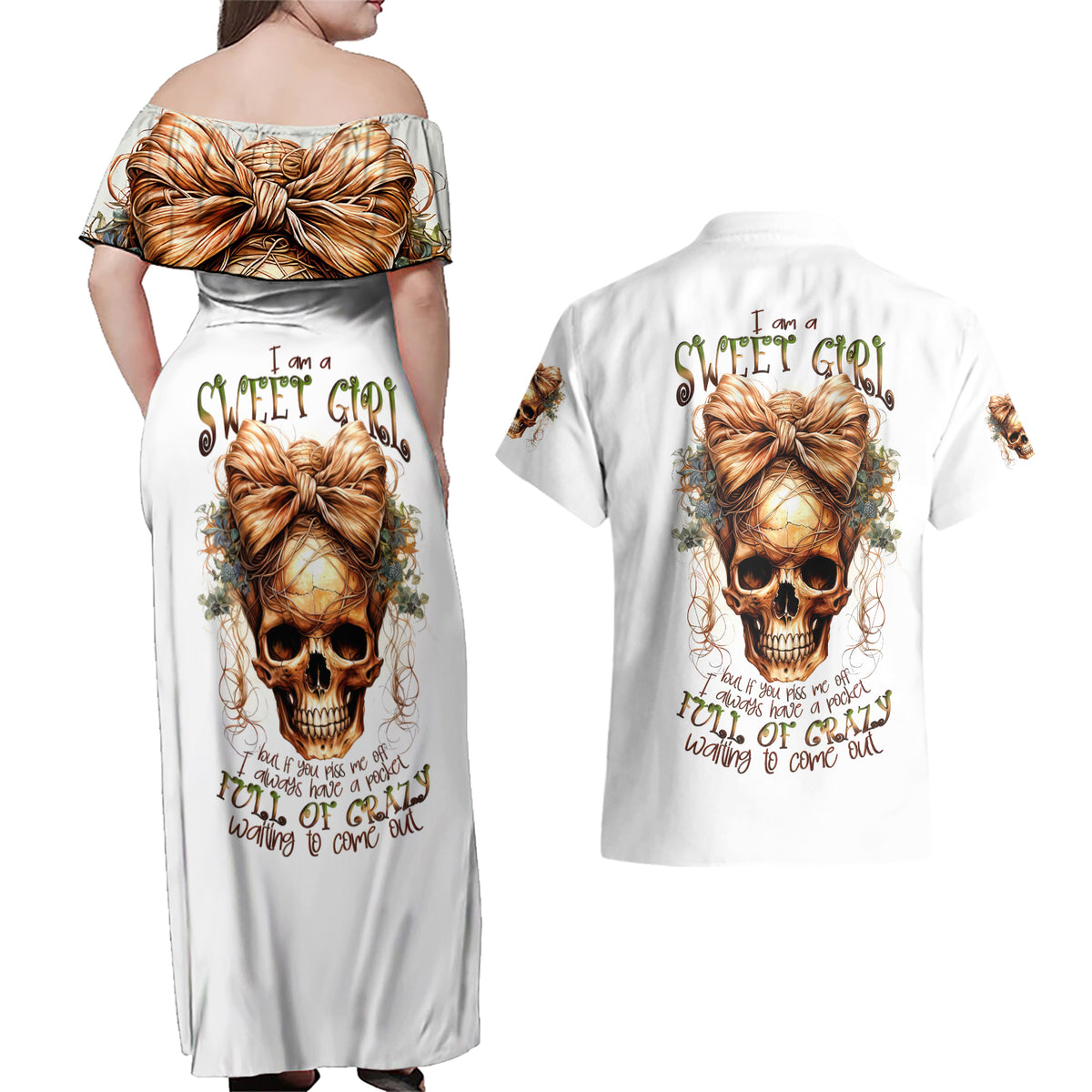 Girl Skull Couples Matching Off Shoulder Maxi Dress and Hawaiian Shirt I Sweet Girl Full Of Crazy - Wonder Print Shop